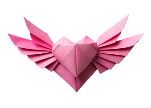 paper origami pink heart with wings png image on transparent background