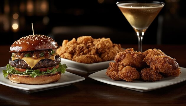 Juicy gourmet burger, crispy fried chicken, and a refreshing cocktail on a dark table.