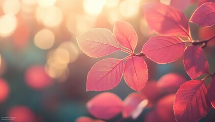 Vibrant pink leaves on a branch backlit by warm, golden sunlight with a dreamy bokeh background.
