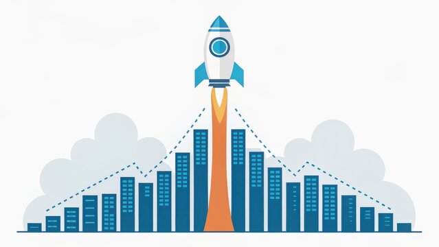 startup success execution competition goals concept. Rocket launching over a city skyline with rising graphs.
