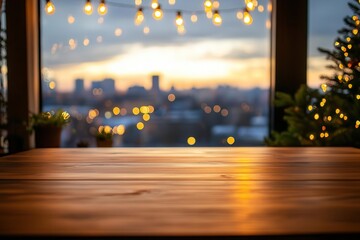 Elegant table overlooks a city skyline at sunset with a holiday theme