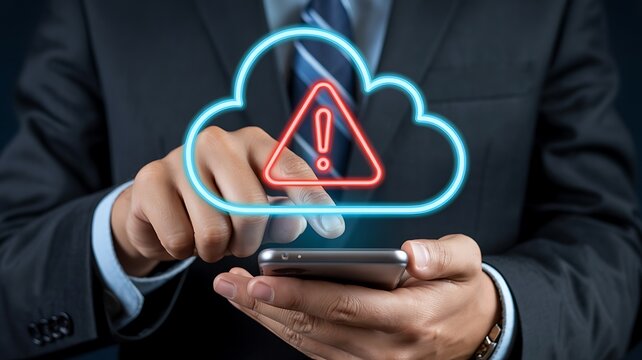 Businessman interacting with a digital cloud icon displaying a warning symbol on his smartphone screen representing cybersecurity threats