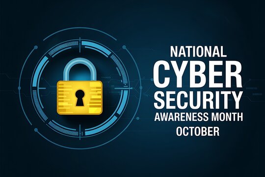 National cybersecurity awareness month october digital padlock icon with futuristic glowing data protection technology and abstract dark blue background
