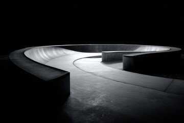 Dark, minimalist concrete skatepark curves