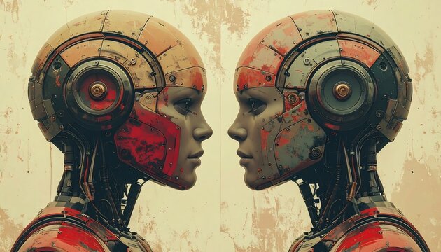 Two metallic-skinned androids face each other, in a sci-fi art piece. Their faces feature delicate details in a retro look, red and rusted colors