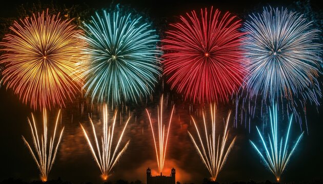 Spectacular Colorful Fireworks Bursting Over a Historic Palace Silhouette at Night