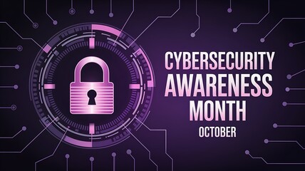 Cybersecurity awareness month october digital padlock icon with circuit board pattern and glowing futuristic technology elements
