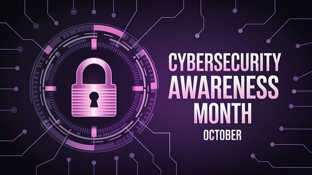 Cybersecurity awareness month october digital padlock icon with circuit board pattern and glowing futuristic technology elements