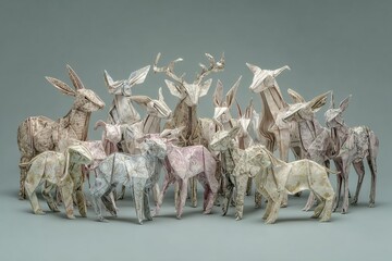 Group of assorted origami animals made from patterned paper