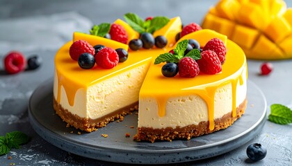 Mango cheesecake, berries, glaze