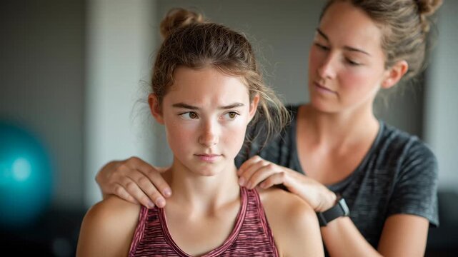 Teen girl shoulder massage by female therapist in fitness studio, exercise and relaxation care for health during spinal alignment session focusing on fitness and well being