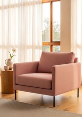 Fototapeta premium Serene pink armchair by window with sheer curtains and side table