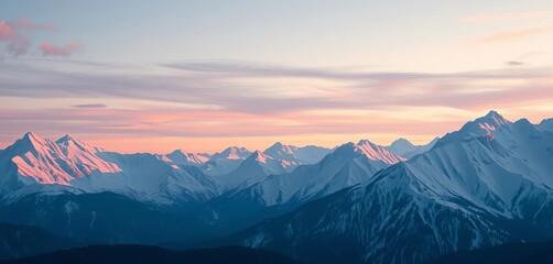 Serene anime-style dusk over snow-capped peaks, soft light, cold tones, anime landscape, anime background