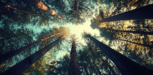 Looking Up at the Majestic Trees With A Sense of Wonder and Forest Theme.
