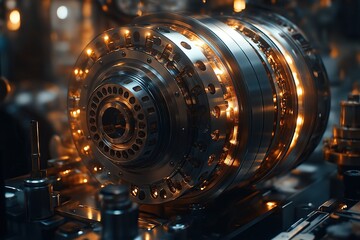 Large metallic machine with glowing lights and mechanical parts, complex gears and structures inside cylindrical body, blurred dark background creating industrial atmosphere