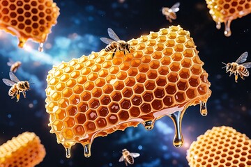 Honeycombs dripping golden honey flying bees space stars nebula surreal fantasy background