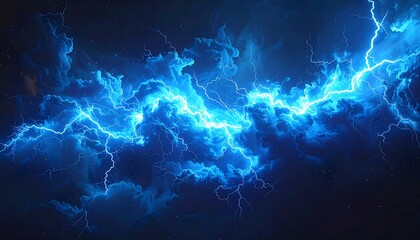 Electric blue lightning streaks across a dark, stormy sky
