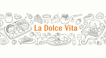 Indulge in the sweet life with this delightful collection of Italian-inspired treats, cheeses, and wine, perfect for culinary promotions.