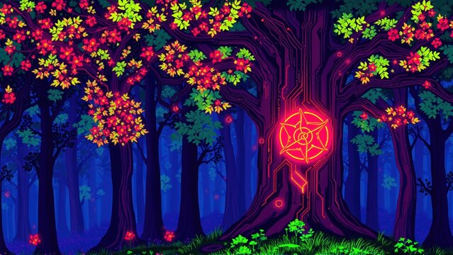 Pixel Forest Circuit, Circuit Board Trees, Neon Flora Forest, Impressionist Nature Tech, Digital Forest Scene