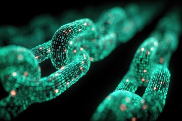 Teal digital chains interlock, glowing binary code embedded within links against black backdrop