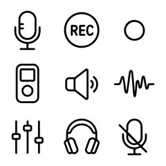 Audio Recording and Playback Icon Set with Microphone and Headphones.
