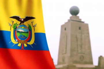 Waving Ecuador Flag with Middle of the World Monument 
