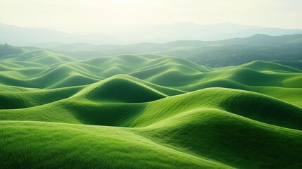 Serene landscape of rolling green hills bathed in soft morning grassy expanse stretching far with enchanting patterns of hills and valleys symbolizing nature's beauty and peacefulness