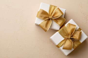Two white gift boxes adorned with sparkling gold ribbons set on a textured beige surface