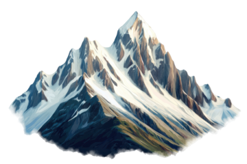 Majestic snow capped mountain range isolated on transparent background. Majestic mountain peaks with snow capped summits isolated on white background.