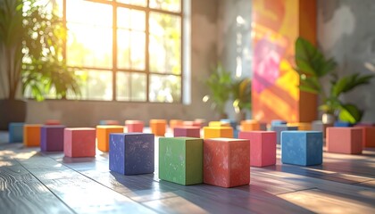 Colorful cubes on a wooden floor