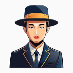 Stylish Asian Man in Fedora and Suit A Refined Portrait Illustration