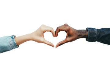 Hands forming a heart shape with a patterned cookie inside isolated on transparent background. Male and female hands forming a heart shape isolated on white background.