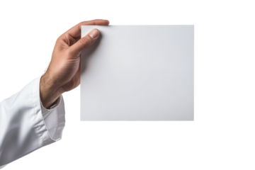 Hand holding blank white paper isolated on transparent background. Male fist isolated on white background.