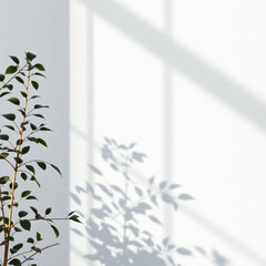 Minimalistic abstract light grey wall background for product presentation with sunlight shadow of plant leaves