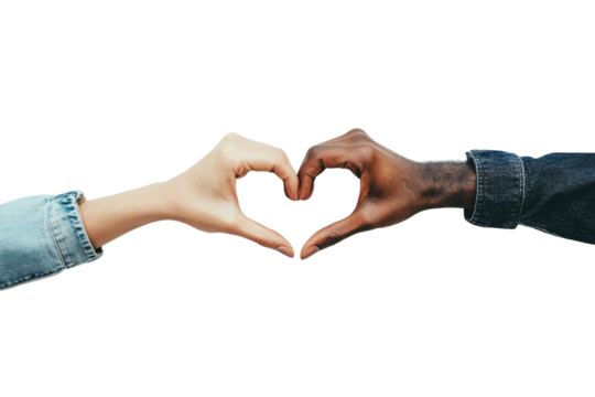 Hands forming a heart shape with a patterned cookie inside isolated on transparent background. Male and female hands forming a heart shape isolated on white background.