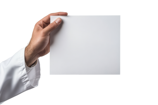 Hand holding blank white paper isolated on transparent background. Male fist isolated on white background.