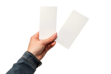 Two blank white cards held by hands isolated on transparent background. Male hand holding two blank sheets of paper isolated on white background.