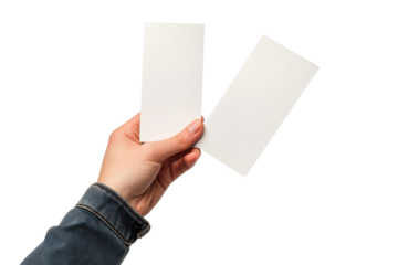 Two blank white cards held by hands isolated on transparent background. Male hand holding two blank sheets of paper isolated on white background.