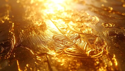Ornate golden surface, detailed relief, sunlit
