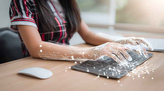 Person typing on a keyboard with digital data visualization effects overlaying hands and keys