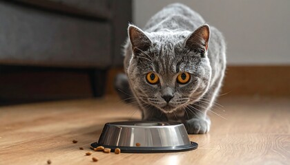 Gray cat intently eyeing food bowl