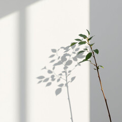 Minimalistic abstract light grey wall background for product presentation with sunlight shadow of plant leaves