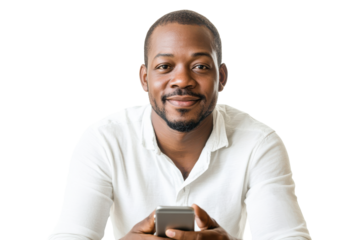 Young black man wearing plaid shirt texting on smartphone isolated on transparent background. Mobile phone in hands of an african man isolated on white background.