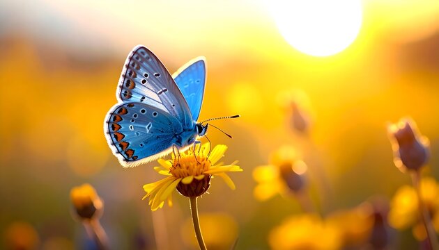 Blue butterfly on yellow flower at sunset - Powered by Adobe