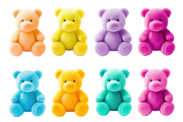 Eight colorful teddy bear toys in a row isolated on transparent background.