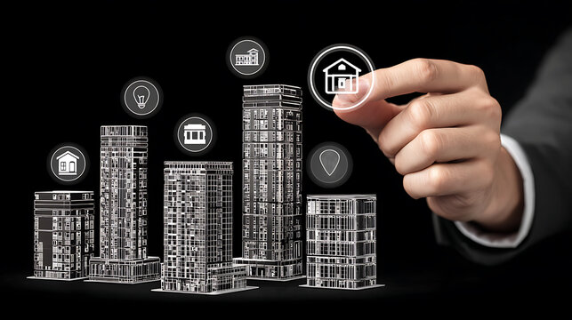 Hand selecting a digital building icon above a cityscape of architectural wireframes