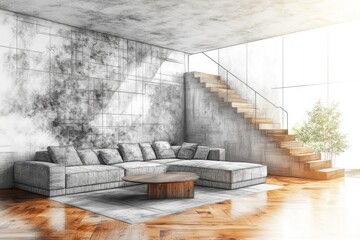 A modern living room design sketch, showcasing a comfortable sectional sofa, wooden staircase, and large windows.