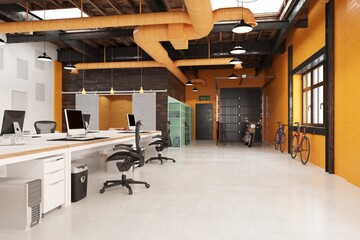 Modern industrial loft office interior. Open plan workspace with contemporary furniture. Creative startup business environment. 3D rendering.