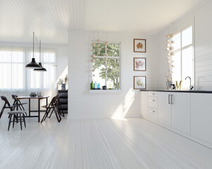 Modern Scandinavian kitchen and dining room interior. Bright white space with wood floors and natural light from windows. 3D rendering.