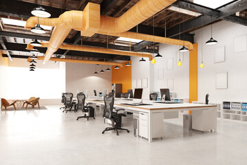 Modern industrial office interior with an open plan workspace. Contemporary design with exposed orange ducts and wooden beams. 3D rendering. © Victor zastol'skiy